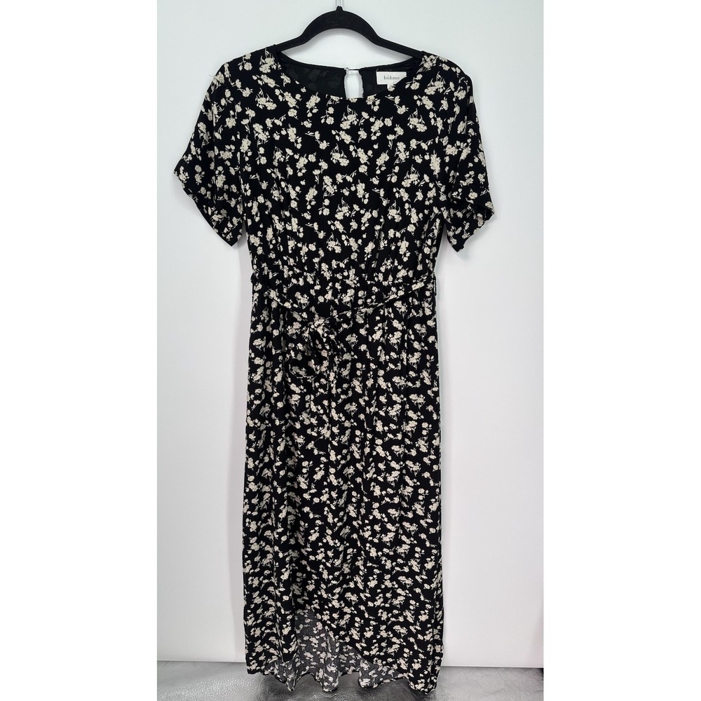 Bohme Floral Midi Dress Womens M Black Cream Tie Waist Cottagecore 0298